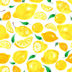 Watercolor pattern of tropical fruit - citrus,  lemons 