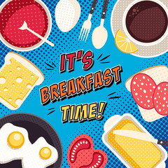 Plakaty  Komiksowa ilustracja pop-artu na śniadanie z jedzeniem i napojami