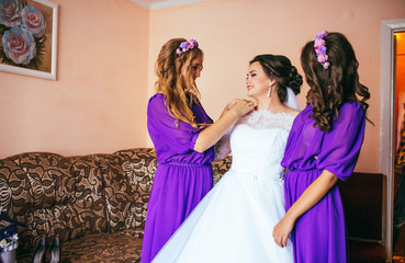 Beautiful bride and her beautiful bridesmaids, Bridesmaids in purple (violet) dress