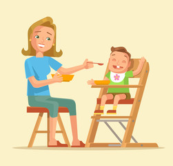 Woman feeding baby. Mother feeding baby. Vector flat cartoon illustration