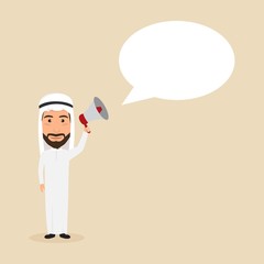 Arab man with microphone and bubble speech.