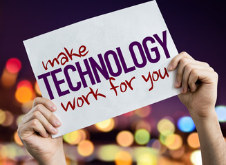 Make Technology Work For You placard with night lights on background