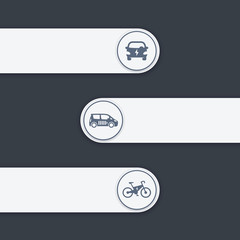 electric car, bike icon, EV, car with battery, ecologic electric transport icons on labels, vector illustration