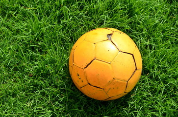 Fototapeta premium Old yellow ball on the lawn,sport outdoor,recreation.