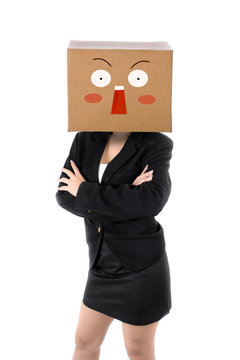 Surprised Business woman with brown box face, business conceptua