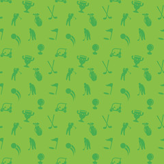 seamless pattern with golf icons, green seamless background, golf cart, clubs, ball, golfer, golf bag, vector illustration