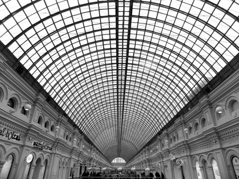 black and white photo of the roof shopping center