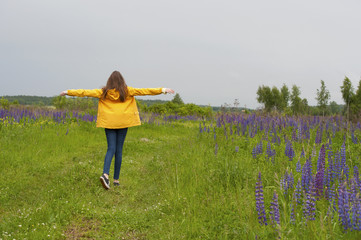 Girl walking on the field with blooming lupine..