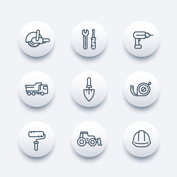 construction line icons, construction equipment and tools linear pictograms, modern round icons, vector illustration