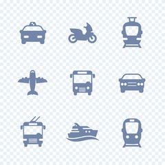 Passenger transport icons, public transportation, subway, car, taxi, airplane, ship, simple isolated icons, vector illustration