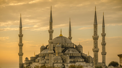 Blue mosque in glorius sunset, Istanbul, Sultanahmet park. The biggest mosque in Istanbul.