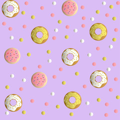 Seamless pattern with cookies in a pink glaze, donuts with cream and sprinkles and colorful round candy, on a lilac monochromatic background