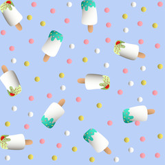 Seamless pattern with ice lolly and colorful round candy, on a light blue monochromatic background