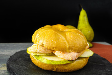 Healthy Vegetarian Veggie Sandwich with  French soft cheese, pear and honey