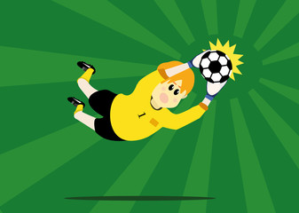 vector illustration cartoon of soccer player goalkeeper catching ball on the green soccer field background. soccer concept eps 10