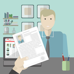 Job interview with man and his resume. Recruitment and hiring candidate. Professional choice. Hire employee. Career in company.