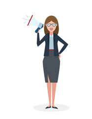 Business woman with megaphone on white background. Isolated businesswoman holding loudspeaker and book. Announcement and advertising. Attention please. Loud voice.