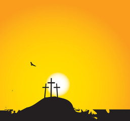 vector illustration on Christian themes with three crosses on Mount Calvary