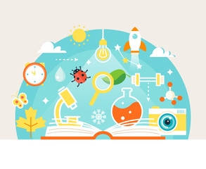 Open Book with Science and Nature Study Symbols. Education Concept