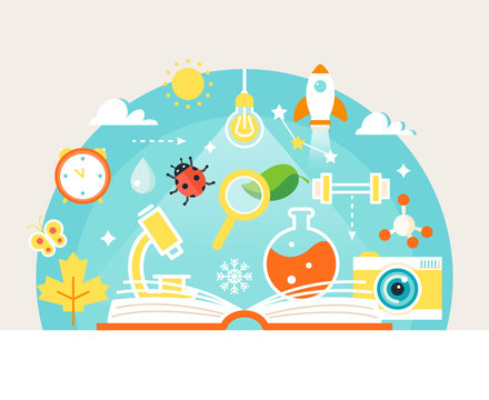 Open Book with Science and Nature Study Symbols. Education Concept