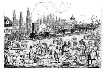 People wave at steam train passage at the inauguration of Nuernberg-Fuerth dicember 1835