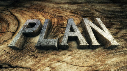 3D Illustration: The word "PLAN" is lined with metallic letters on wooden plank
