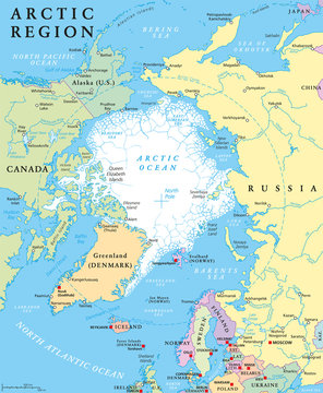 Arctic region political map with countries, capitals, national borders, important cities, rivers and lakes. Arctic Ocean with average minimum extent of sea ice. English labeling and scaling.