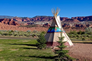 Camping at First Nation Teepee in Amrican Wild West. Capitol Reef National Park, Utah, USA. 