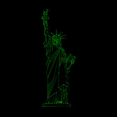 Neon green polygonal mesh Statue of Liberty illustration. Independence Day background with a monument in New York City. Vector low poly lines and dots.