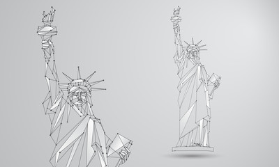 Statue of Liberty illustration. Polygonal mesh Independence Day background with a monument in New York City. Vector low poly black lines and dots.