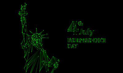 Neon green polygonal mesh Statue of Liberty illustration. Independence Day background for greeting card with a monument in New York City. Vector low poly lines and dots.