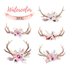 Fototapeta premium Set of watercolor floral boho antler print. western bohemian de