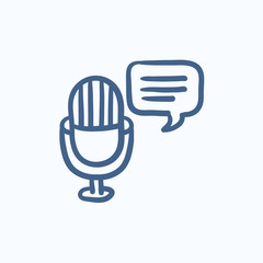 Microphone with speech square sketch icon.