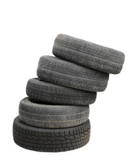 Old tires stacked, isolated on white background