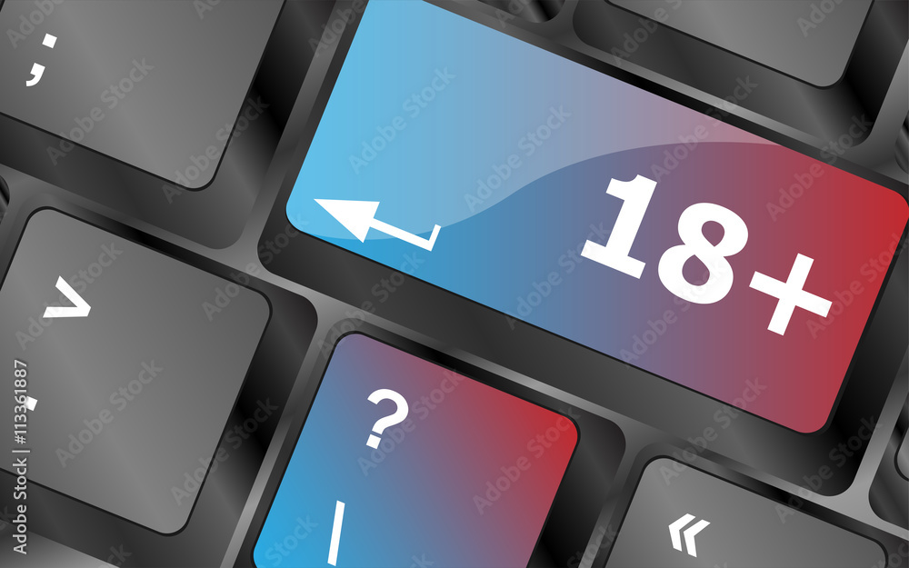 Poster 18 plus button on computer keyboard keys . keyboard keys. vector illustration