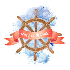 Fototapeta premium Nautical watercolor background with steering wheel