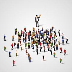 Man with speaker and big crowd of people.