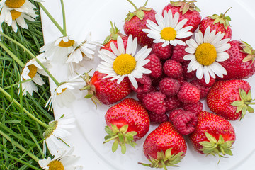 strawberry raspberries on a white plate on the grass with daisies