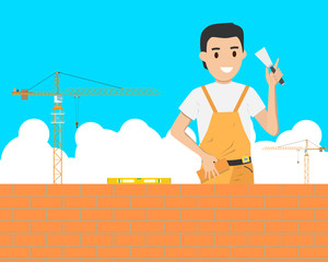 Bricklaying work in the construction of a building on a construction site. Vector illustration

