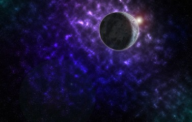 Space dust. The planet in a space. Space sphere . zero gravity radiation . Planet and far star