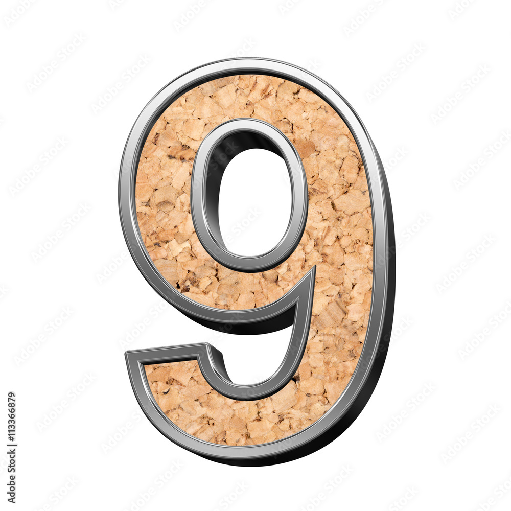 Fototapete one digit from cork with silver shiny frame alphabet set, isolated on white. 3d illustration.