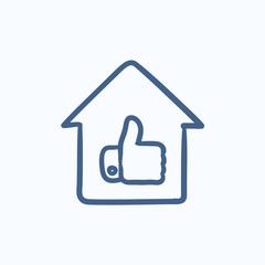 Thumb up in house sketch icon.