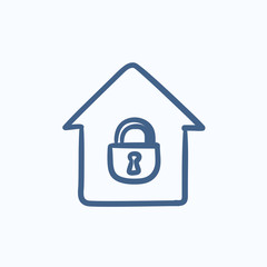 House with closed lock sketch icon.