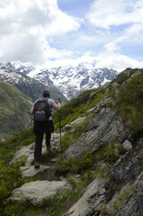 Fototapeta premium Randonneuse marchant dans le parc national des Écrins 