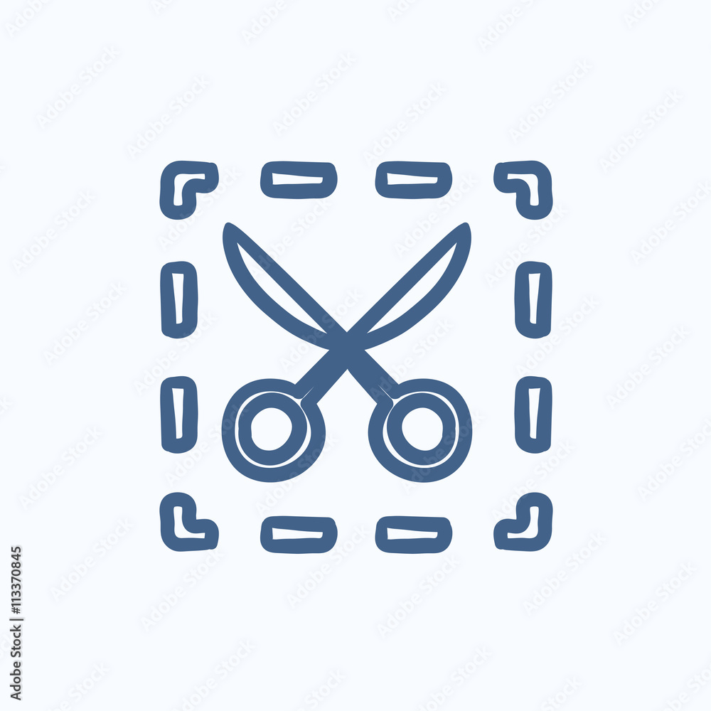 Poster scissors with dotted lines sketch icon.