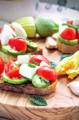 Vegetable Toast, Tomato and Grilled Zucchini Bruschetta, Close-up