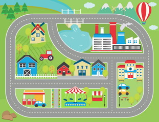 Lovely city landscape car track play mat for children activity and entertainment. Sunny city landscape with mountains, farm, factory, buildings, plants and endless car road.