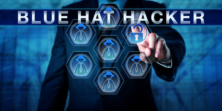 Male Software Developer Touching BLUE HAT HACKER