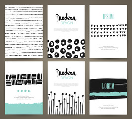 Set of brochures with hand drawn abstract design elements, patterns and textures. Vector templates. 