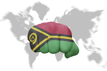 fist with the national flag of Vanuatu on a world map background